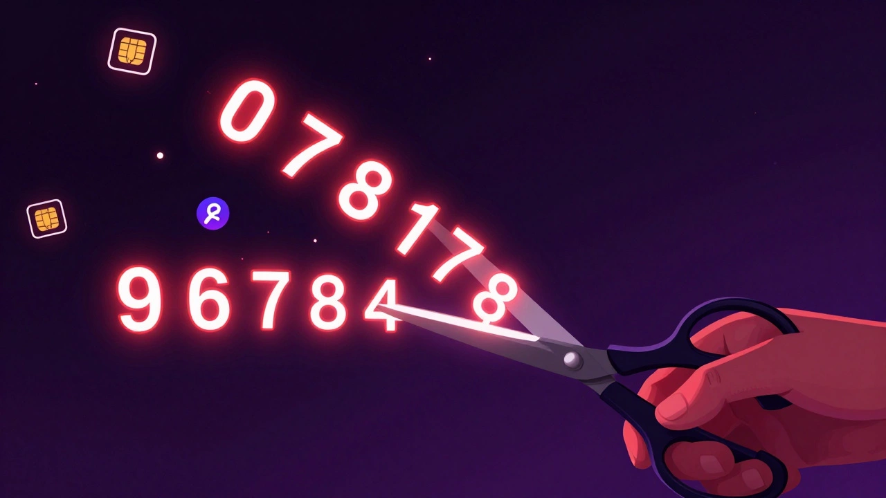 A phone number being cut apart by digital scissors amid spam symbols.