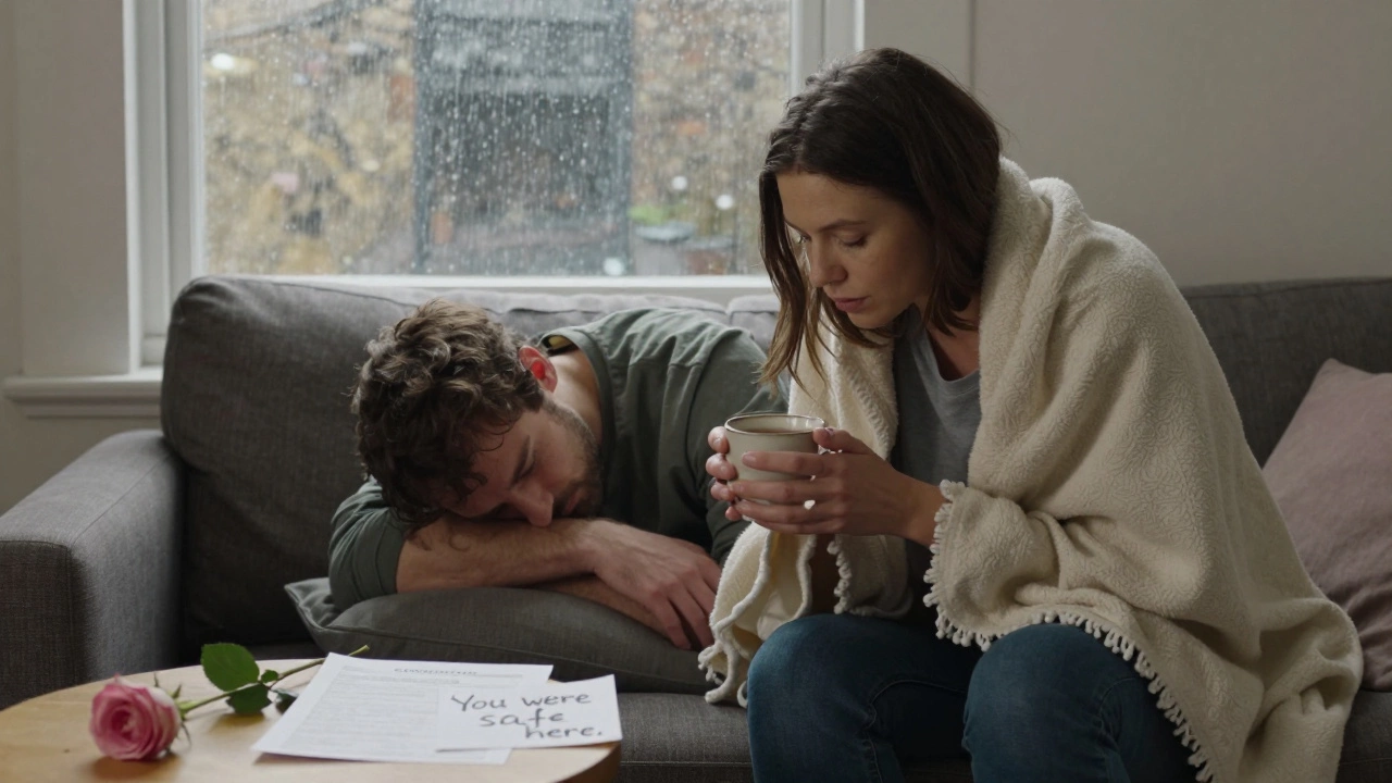 A woman wrapping a blanket around a man after a session, offering tea in a peaceful East London flat.