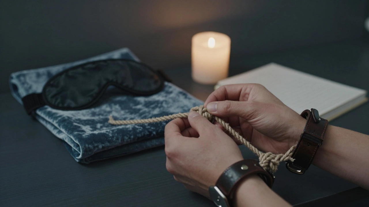 Close-up of hands tying soft rope with care, blindfold and candle nearby in a quiet room.