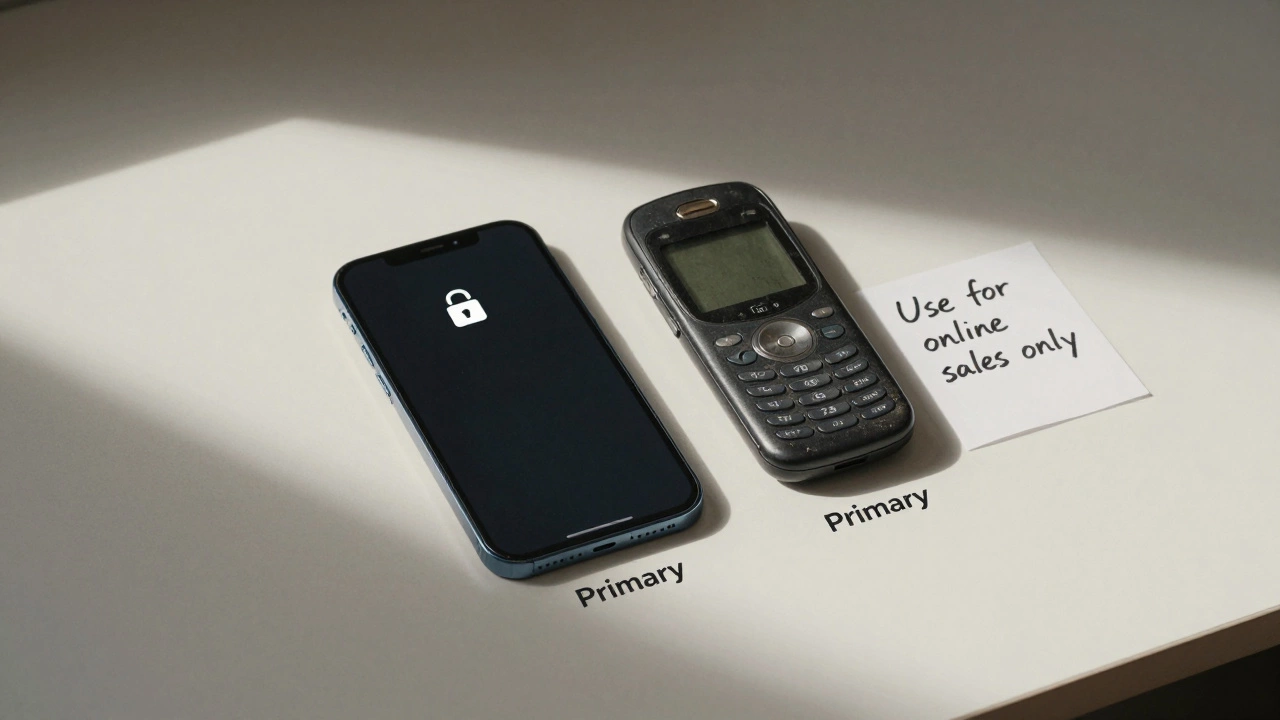 Two phones on a desk: one secured, one a disposable burner.